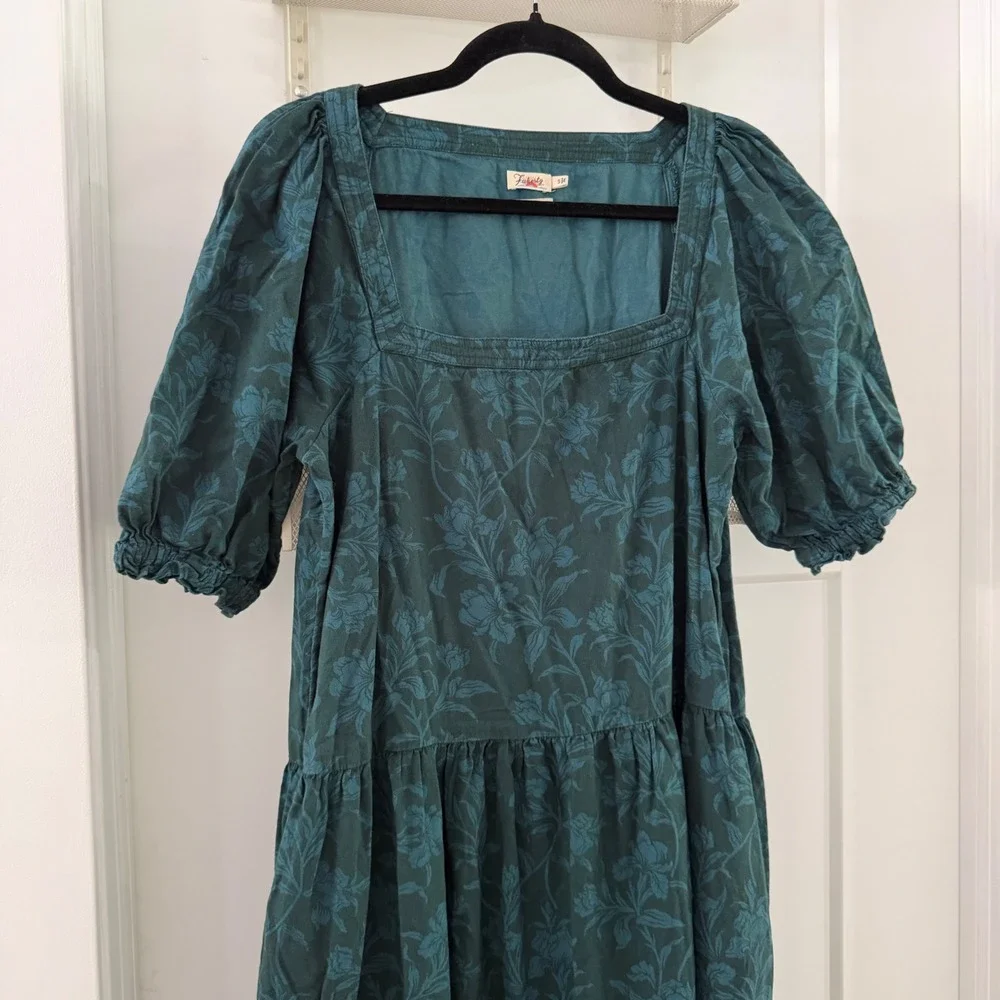 Faherty Somerset Maxi Dress Teal Floral Organic Cotton Square Neck Puff Sleeve S - Picture 2 of 8
